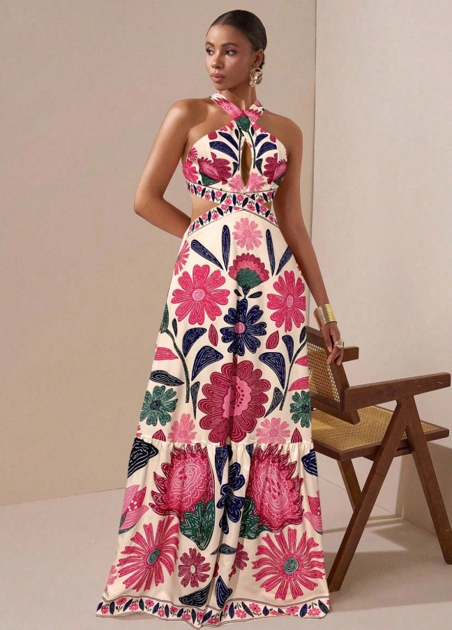 Women in flowered, neck-hanging dresses, cut-out, low-waisted, flowing dresses, holiday party dresses