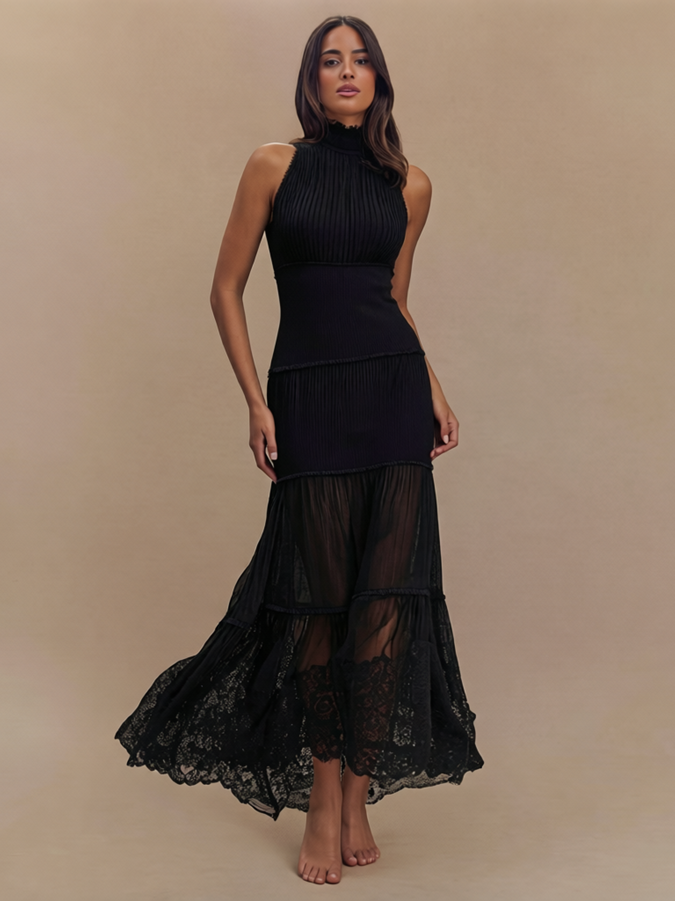 Pleated Bodice Sheer Lace Maxi Dress