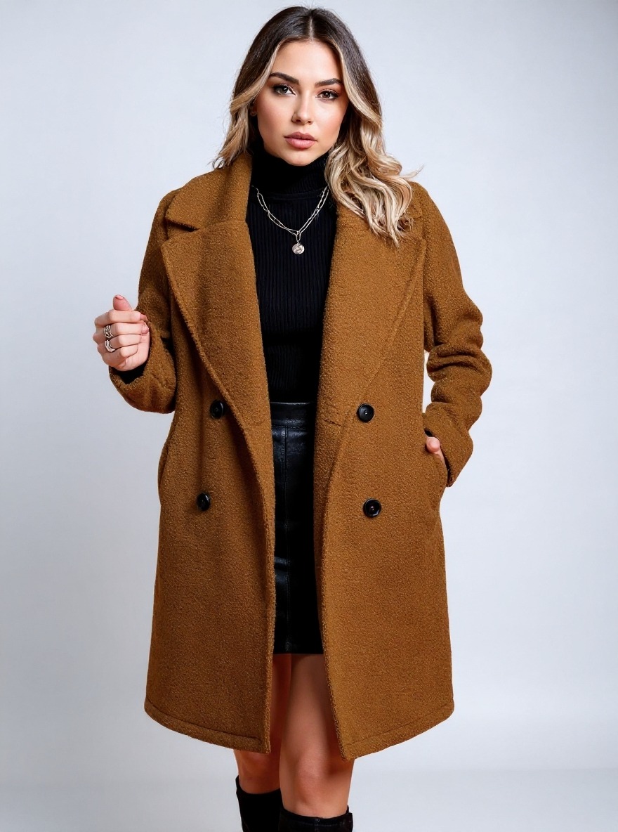 Women's Brown Teddy Double-Breasted Lapel Coat