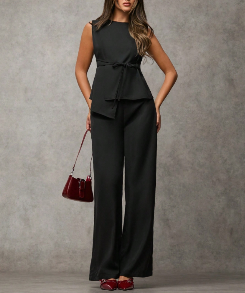 Women's Black Sleeveless Peplum Top and Wide-Leg Pants Set