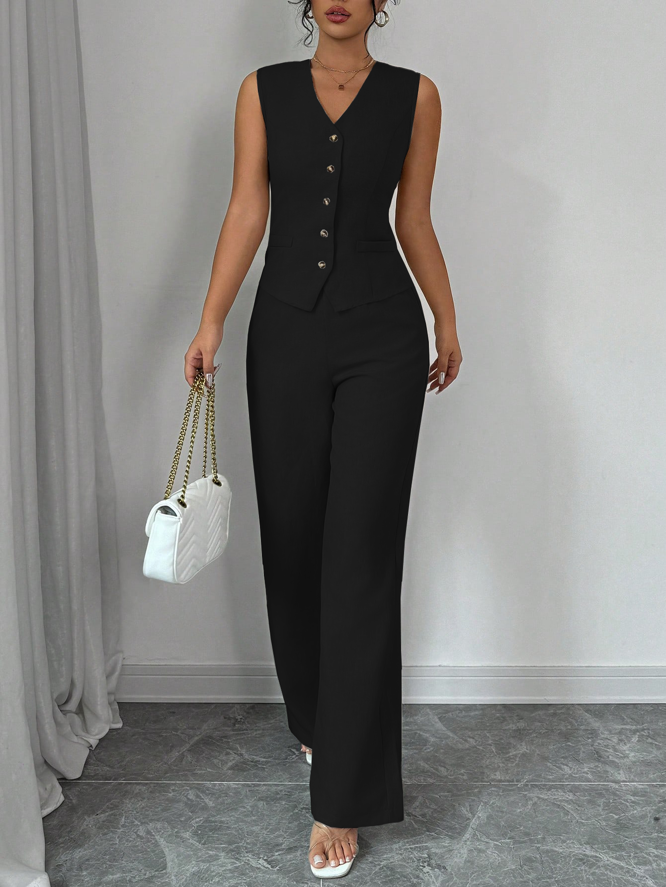 Women's Stylish Sleeveless Buttoned Vest and Wide - Leg Pants Set