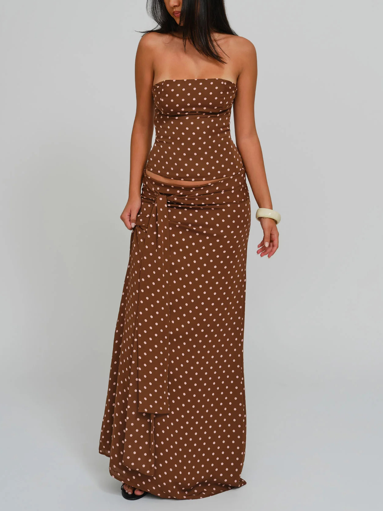Brown Polka Dot Stretch Knit Two Piece Retro Set