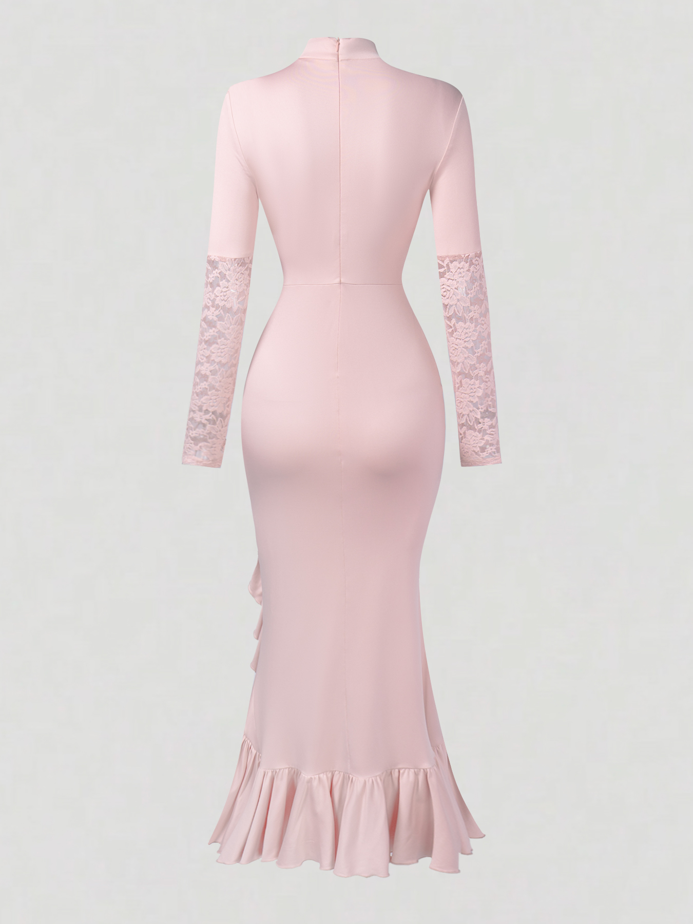 Woman's Pink Turtleneck Lace Sleeve Asymmetric Midi Dress