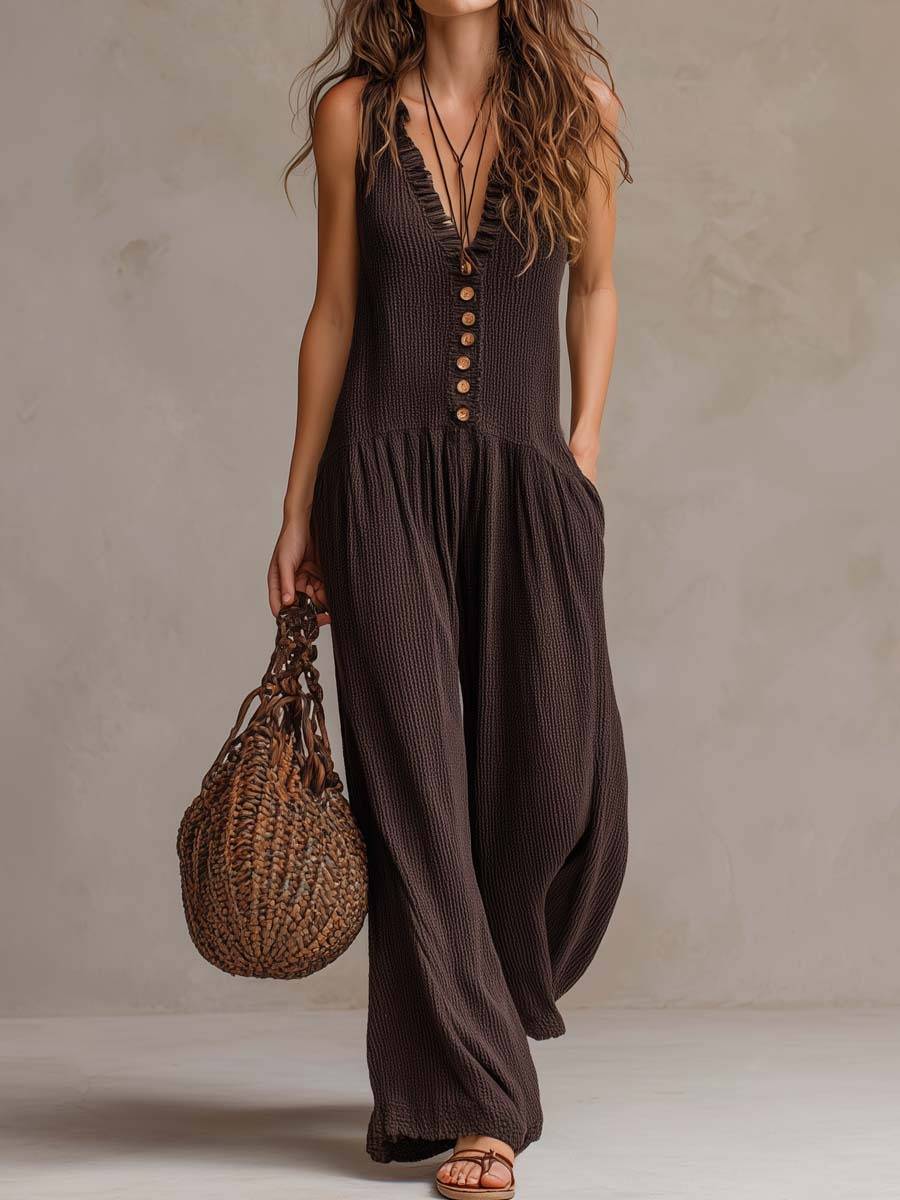  Boho Sleeveless V Neck Button Front Pocketed Wide Leg Vacation Jumpsuit