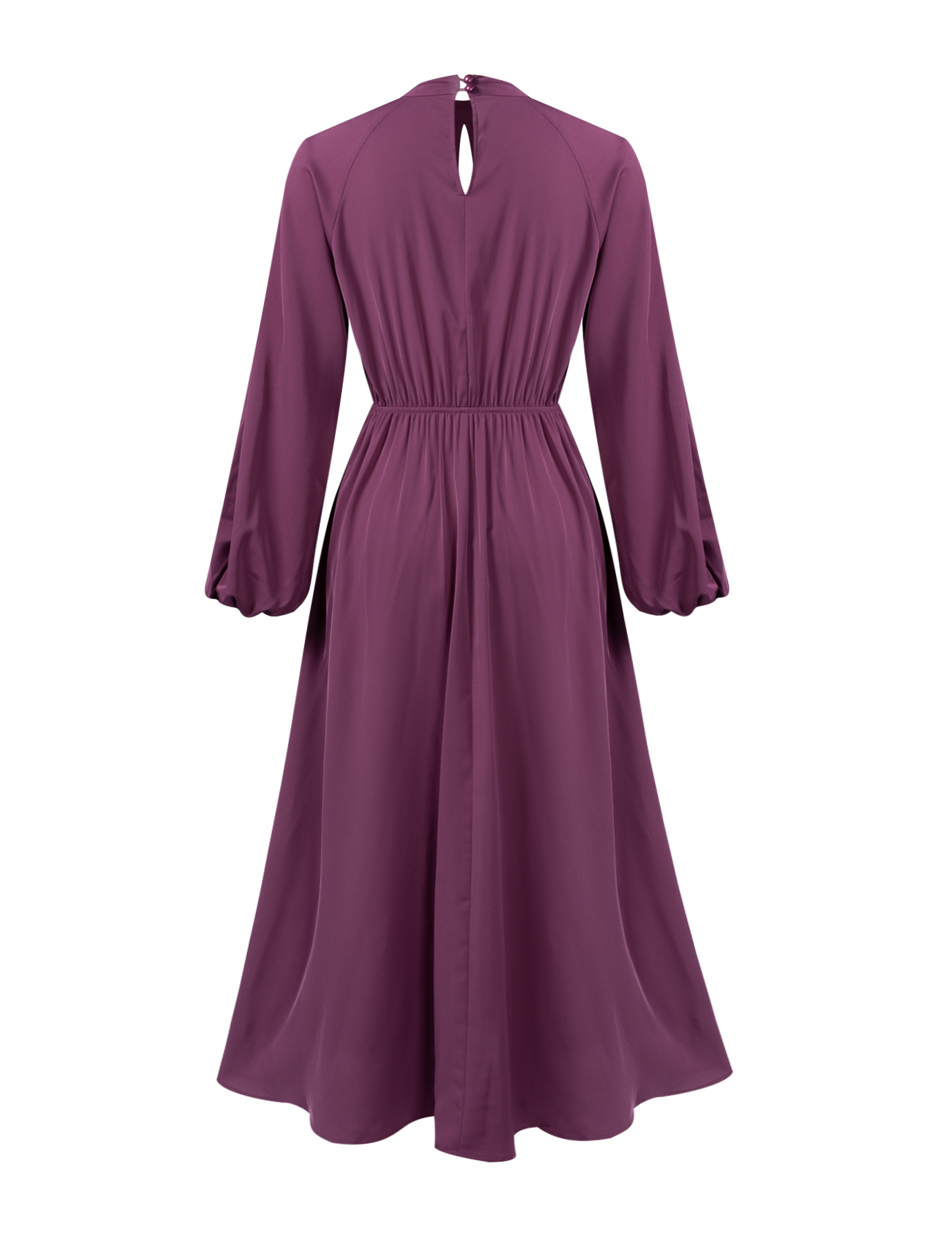 Woman's Plum Satin Keyhole Cutout Lantern Sleeve Midi Dress
