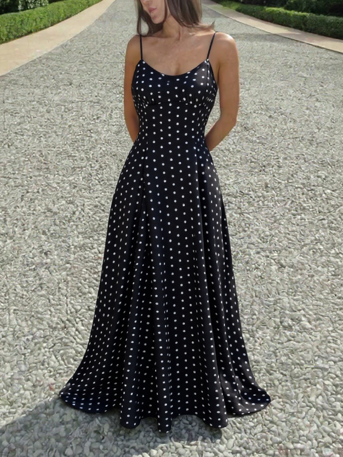 Women's Black White Polka Dot Spaghetti Strap Fit & Flare Midi Dress-Aetheryn