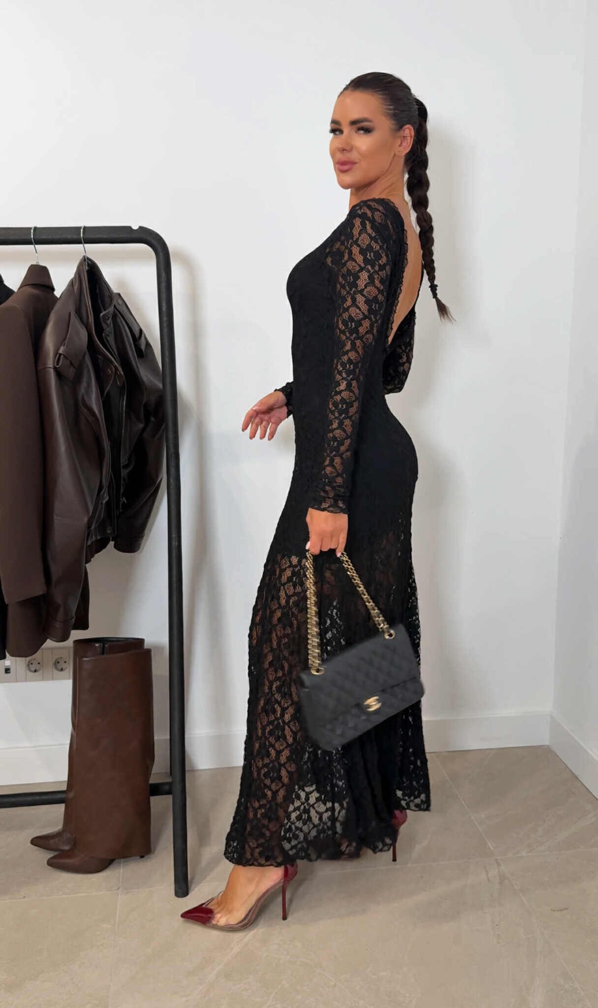 Black lace halter dress, long sleeve slimming fishtail dress, dinner party hot girl style sexy dress