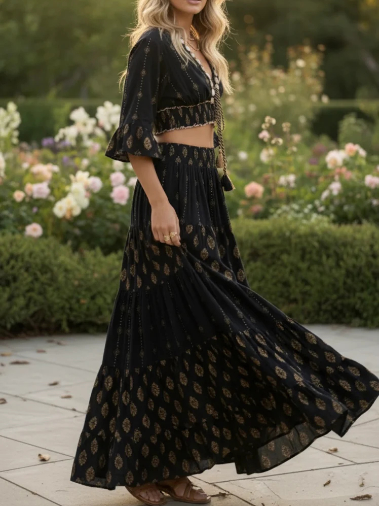 Golden Black Embroidered Boho Two Piece Set