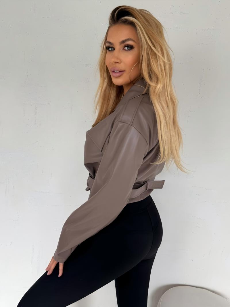 Woman's Faux Leather Cropped Biker Jacket with Belt Detail