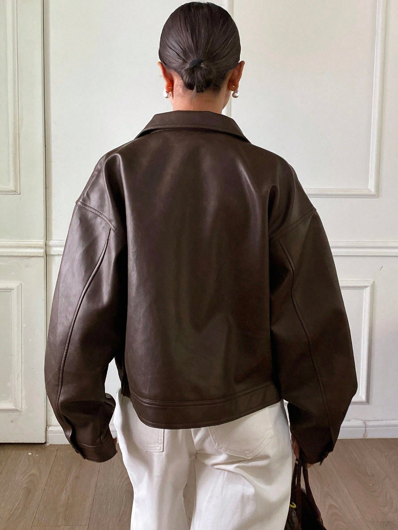 Woman's Vintage-Style Leather Classic Collar Zip-Up Jacket