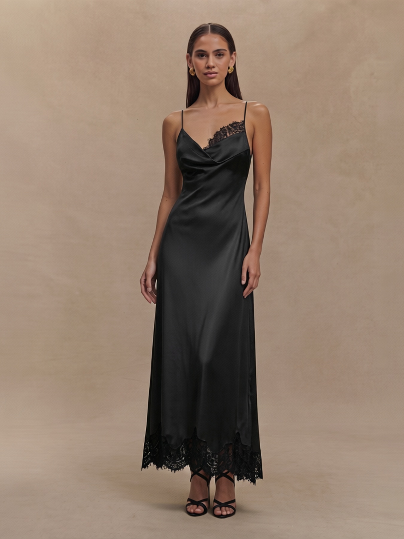 2026 Spring Summer Lace Paneled Satin Slip Dress : Draped Neck Backless Maxi Sexy Dress
