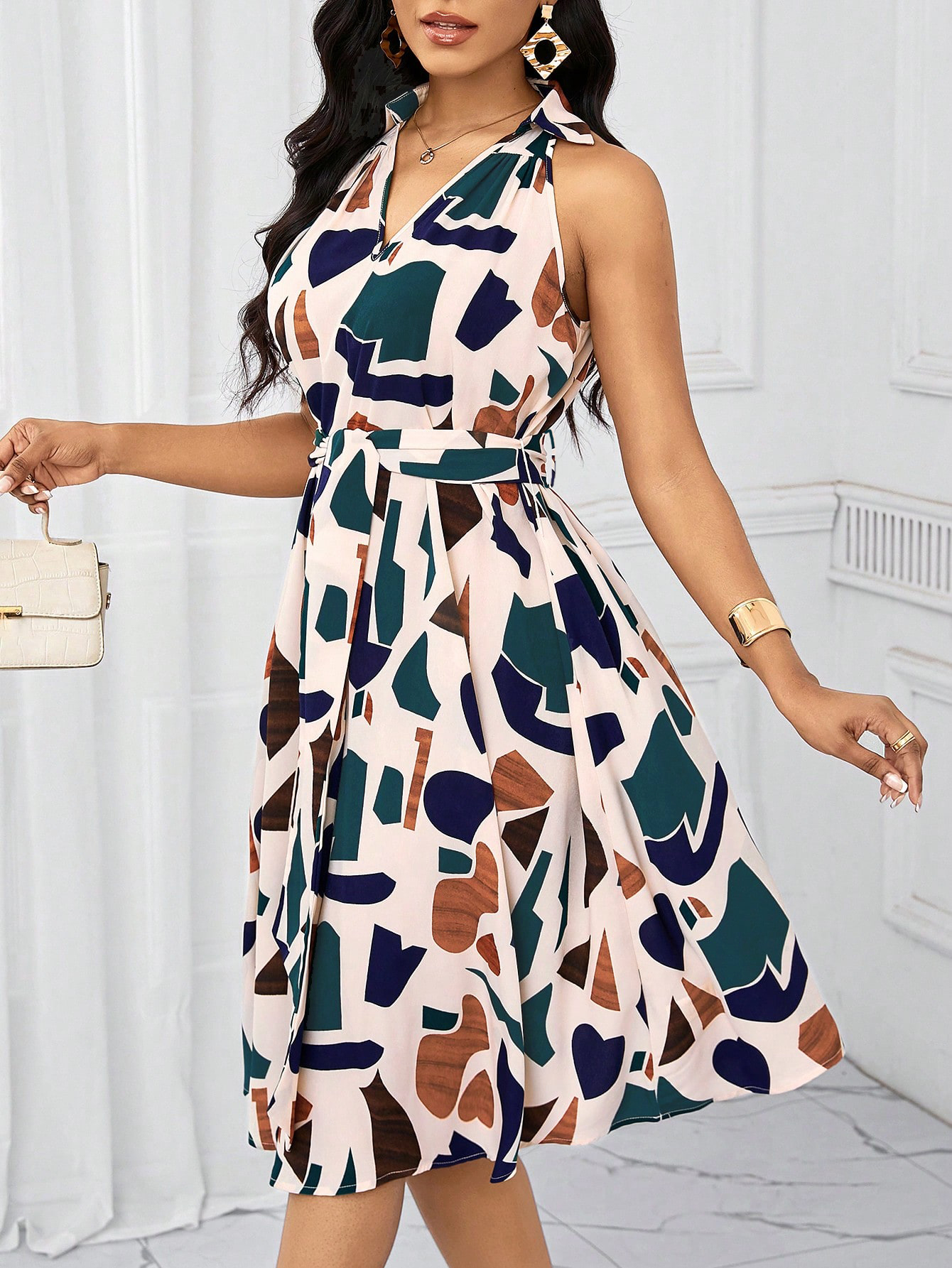 Women's Geometric Print Halter Neck Belted Midi Dress