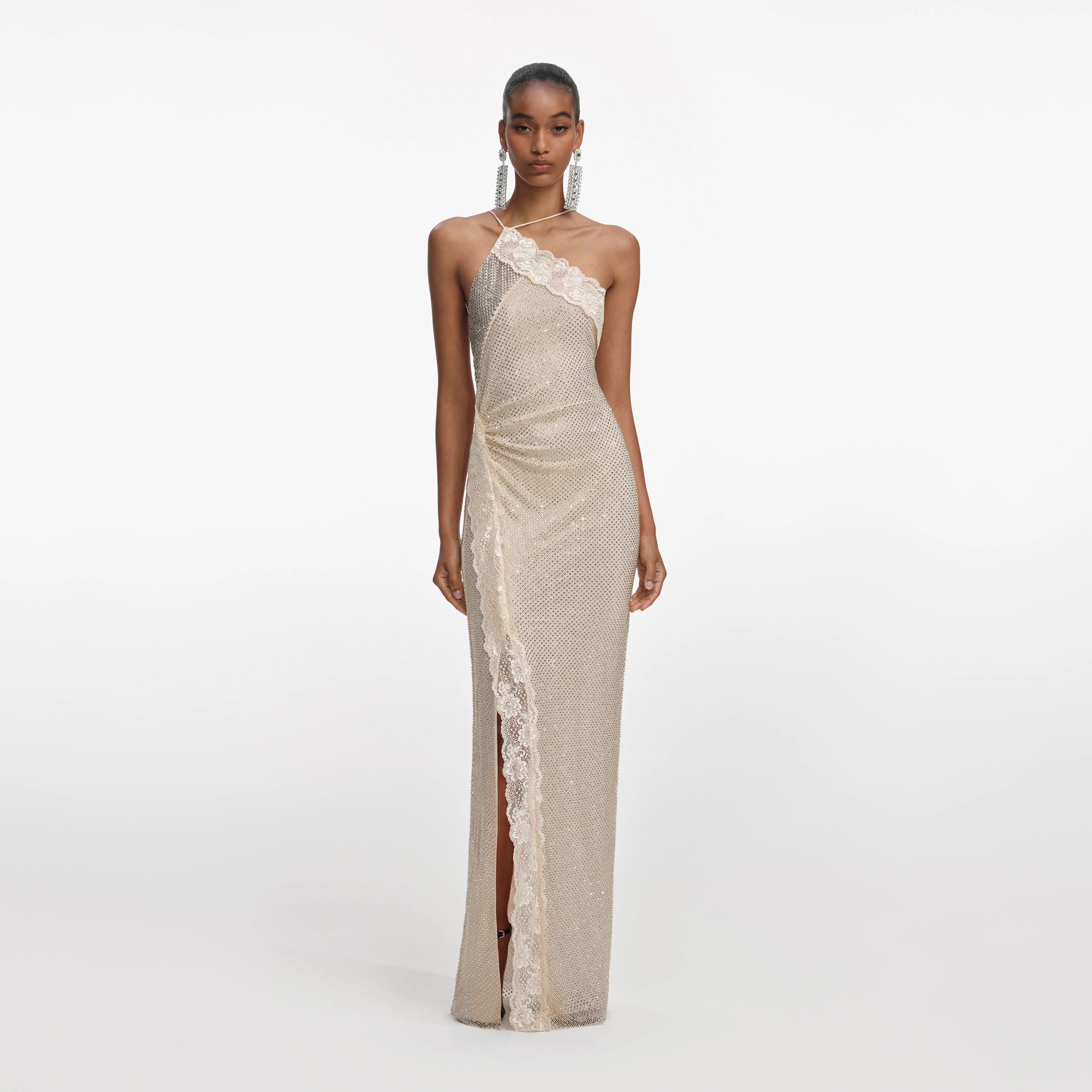 Woman's Dinner Showstopper Light Apricot Gilded One-Shoulder Formal Dress: Lace Rhinestone Cutout Waist Backless Slit, Full Atmosphere