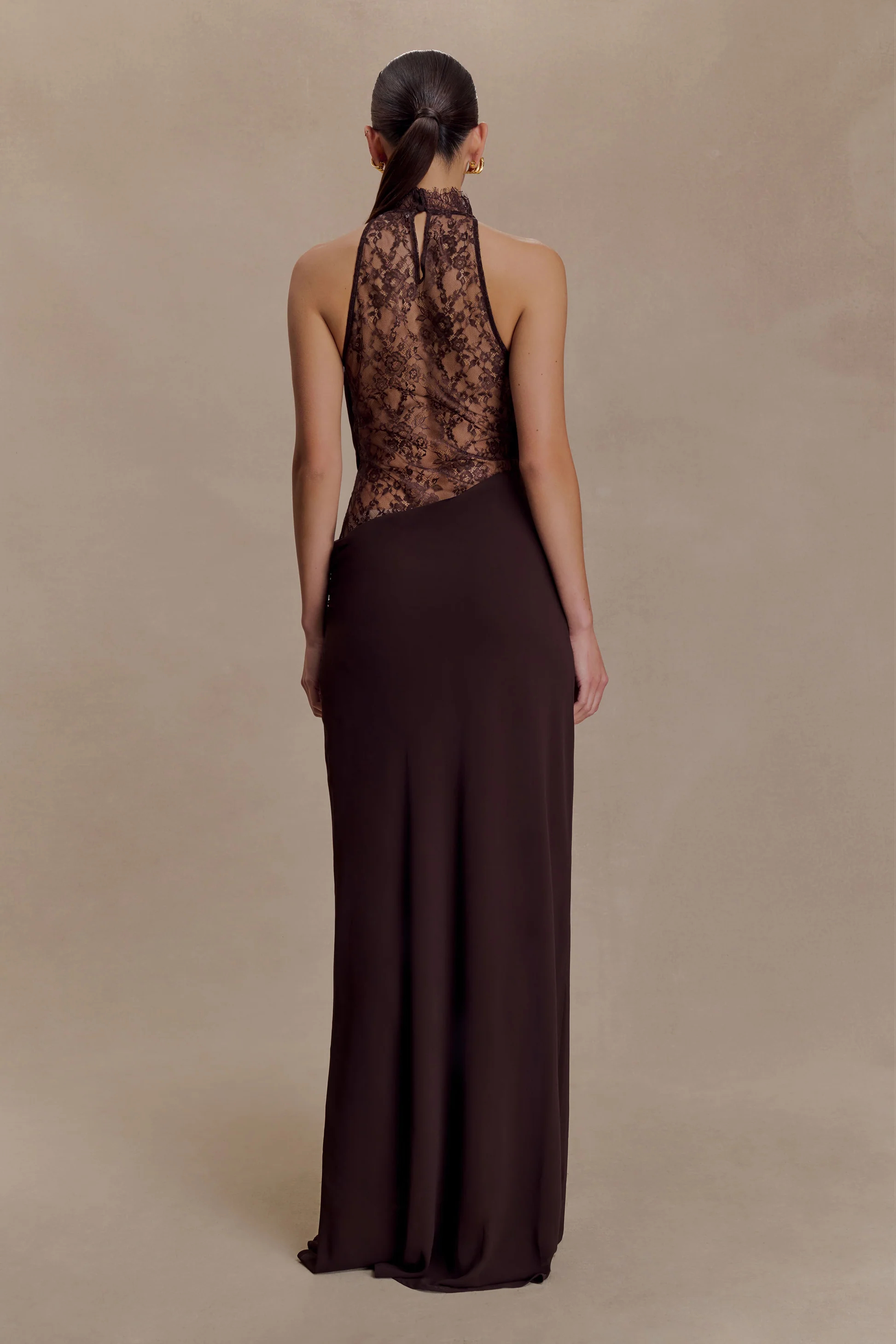 2026 Spring Summer Halter Lace Paneled Formal Dress ：Draped Neck Cutout Backless Fitted Maxi Dress