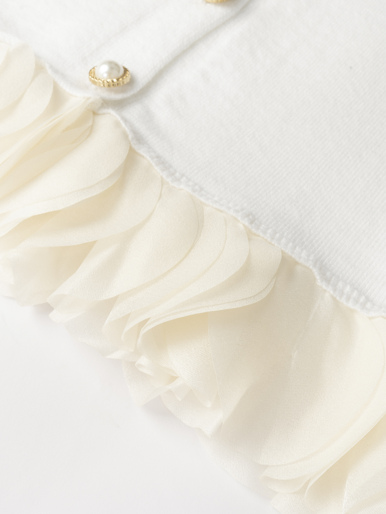 Women's White Knitted Cardigan with Gold Buttons, Ruffled Hem & Cuffs