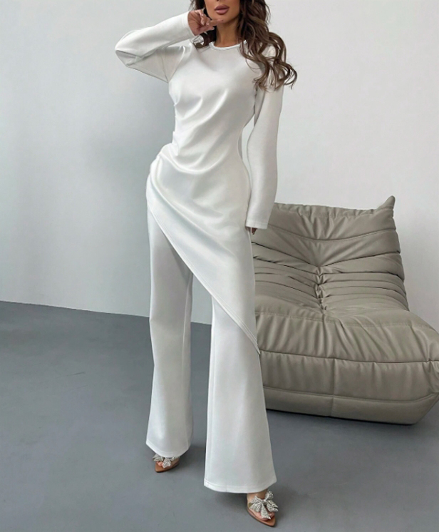 Women's White Long Sleeve Asymmetric Top and Wide-Leg Pants Set