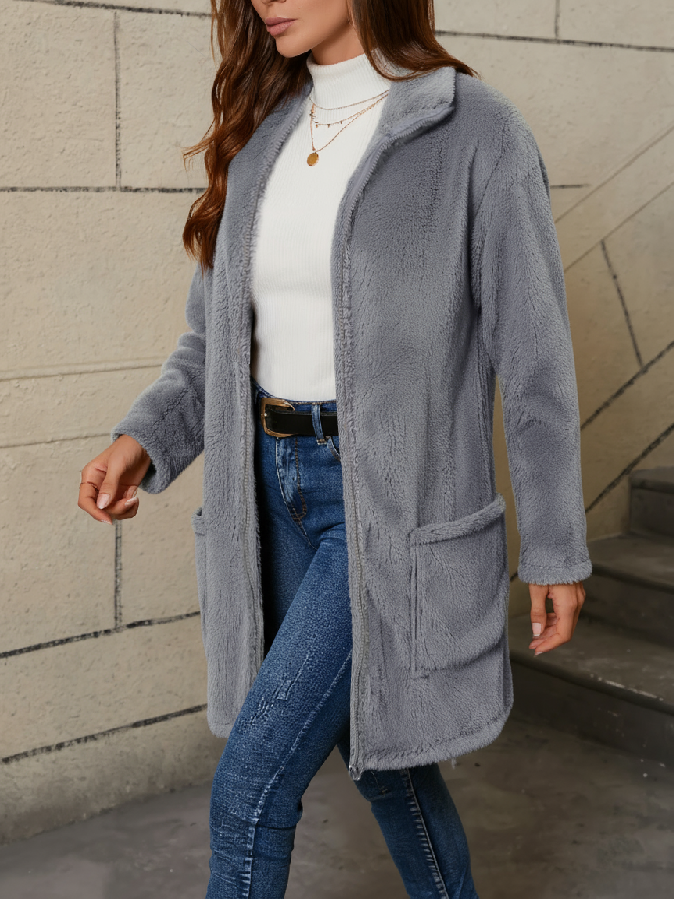 Women's Gray Fleece Zip-Up Longline Teddy Coat