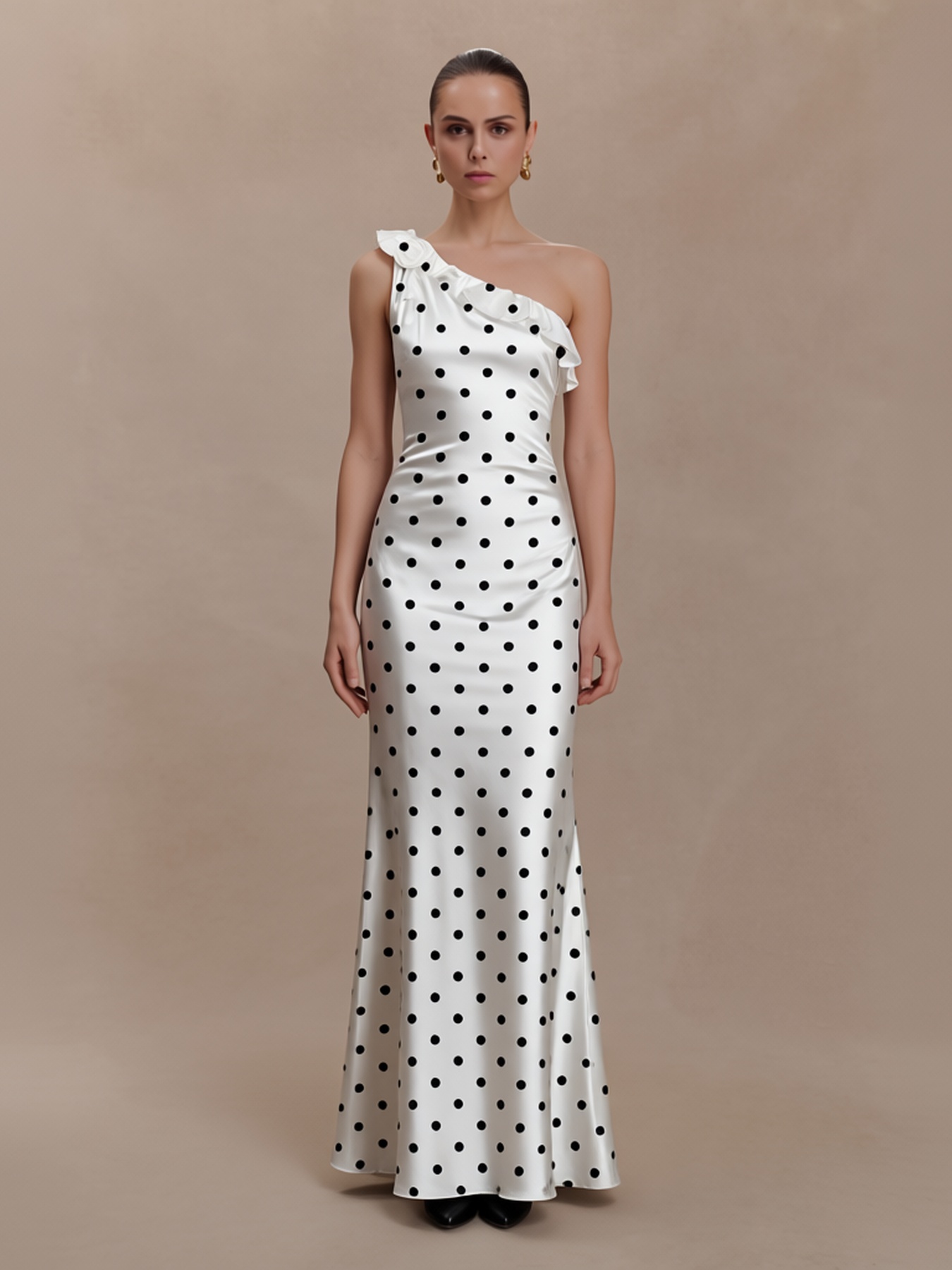 2026 Spring Summer Vintage Socialite Style Polka Dot Satin One-Shoulder Formal Dress | Ruffle Trim Fitted Mermaid Maxi Dress