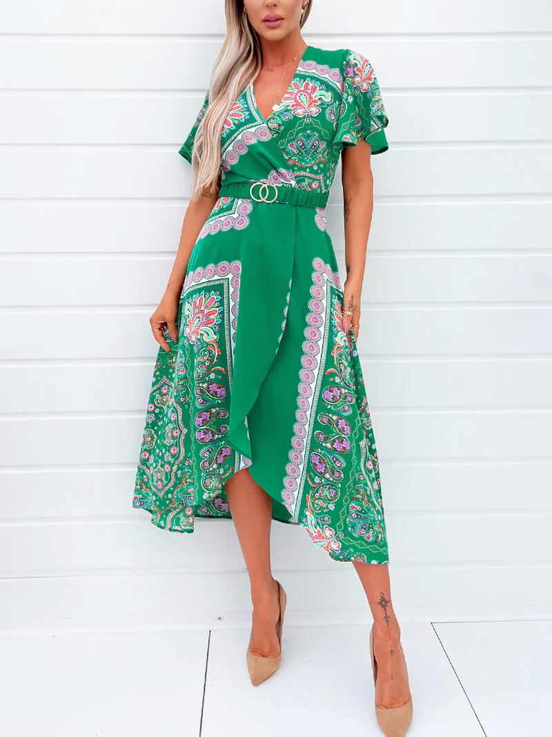 Green Paisley Printed Short Sleeve Belted Midi Dress