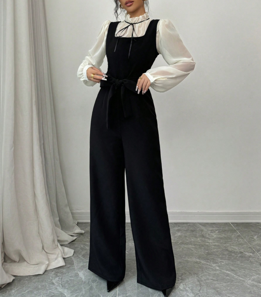 Women's Black Wide-Leg Jumpsuit with Bow Tie Waist