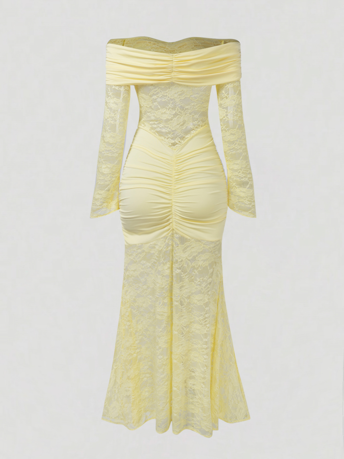 Woman's Light Yellow Off-Shoulder Lace Mermaid Dress