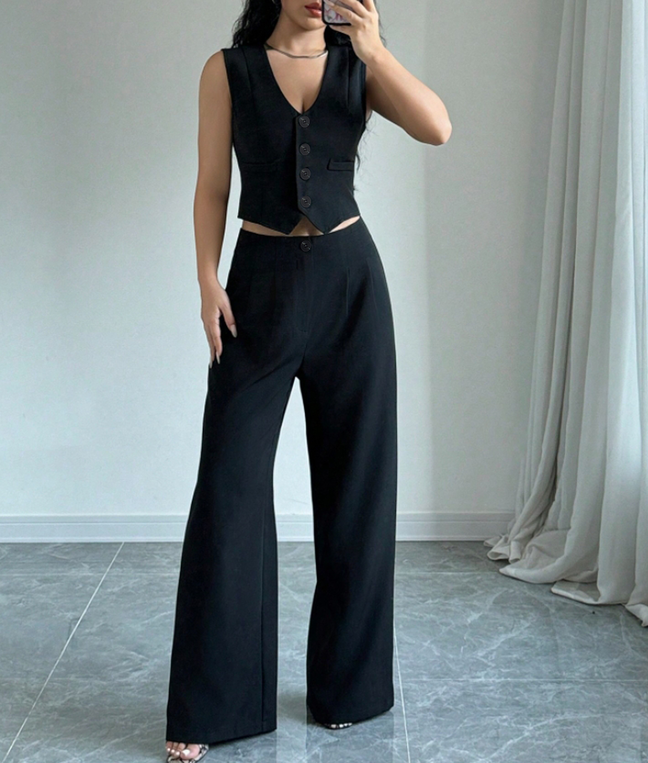 Women's Black Button-Front Vest and Wide-Leg Pants Set