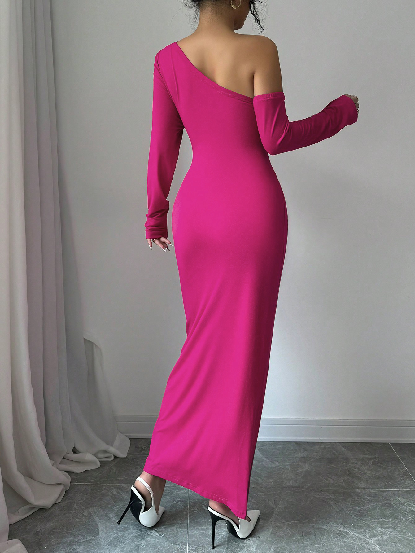 Women's Fuchsia One-Shoulder Long Sleeve Maxi Dress with Floral Applique