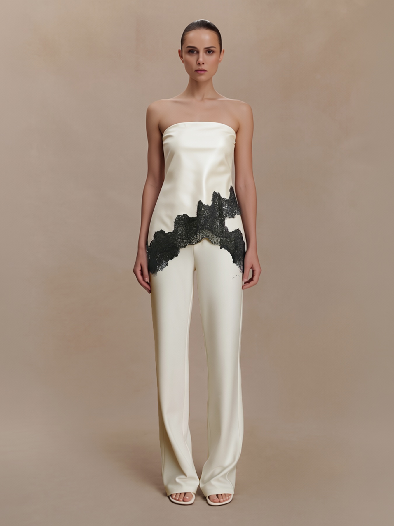 2026 Spring Summer Sophisticated Satin Strapless Top: Black Lace Wave-Edge Design, High-End Commute Piece