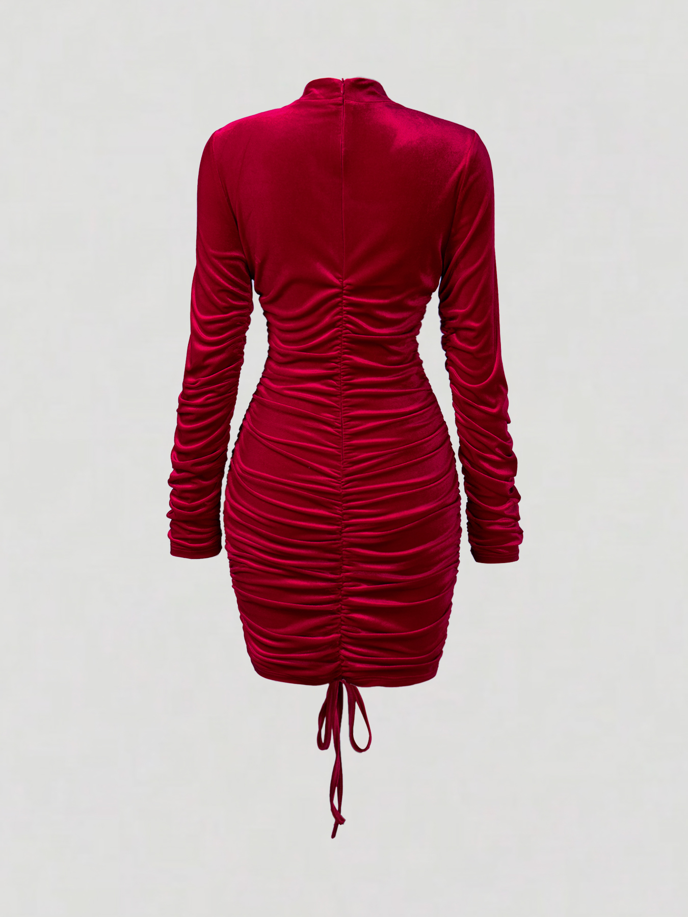 Woman's Burgundy Velvet High Neck Cutout Deep V Ruched Mini Dress
