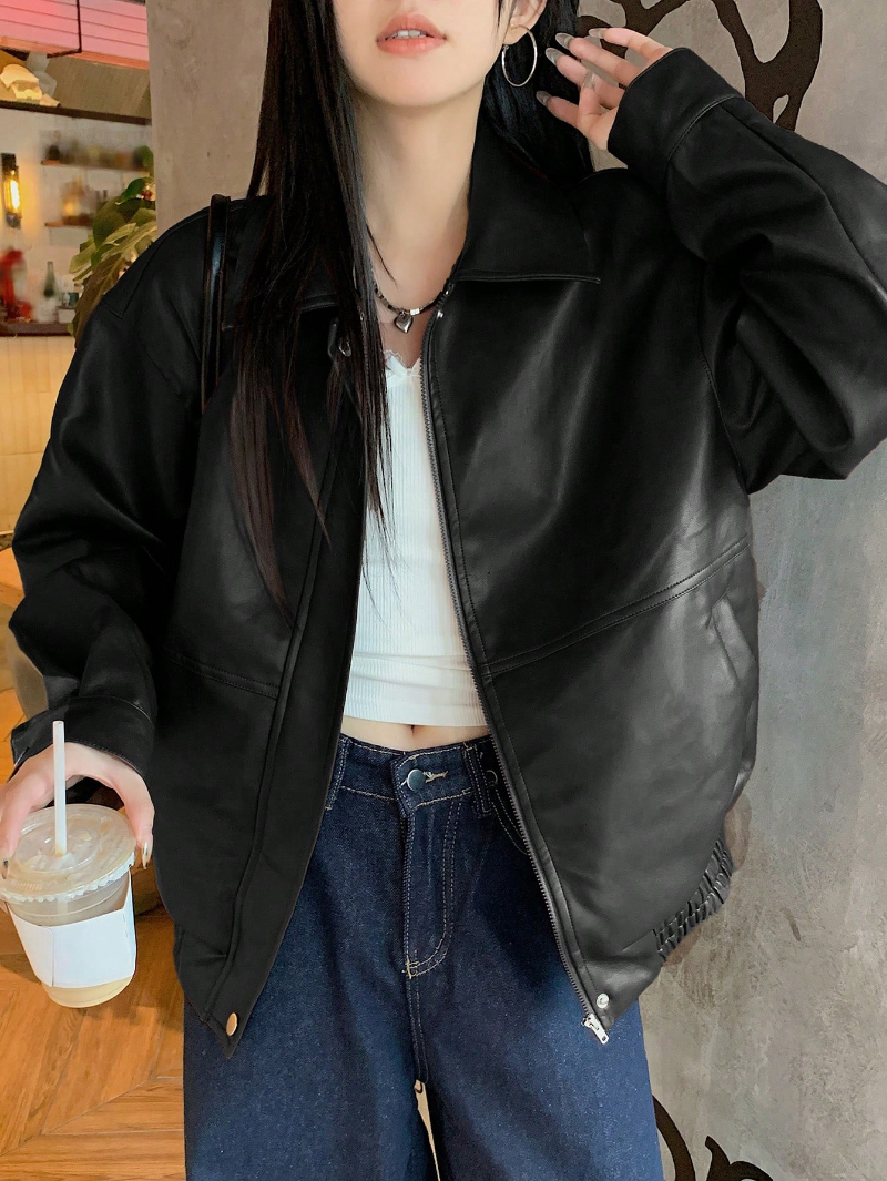 Woman's PU leather loose casual jacket with front zipper