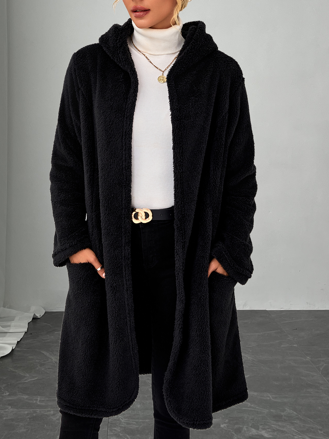 Women's Black Fuzzy Hooded Open-Front Long Coat