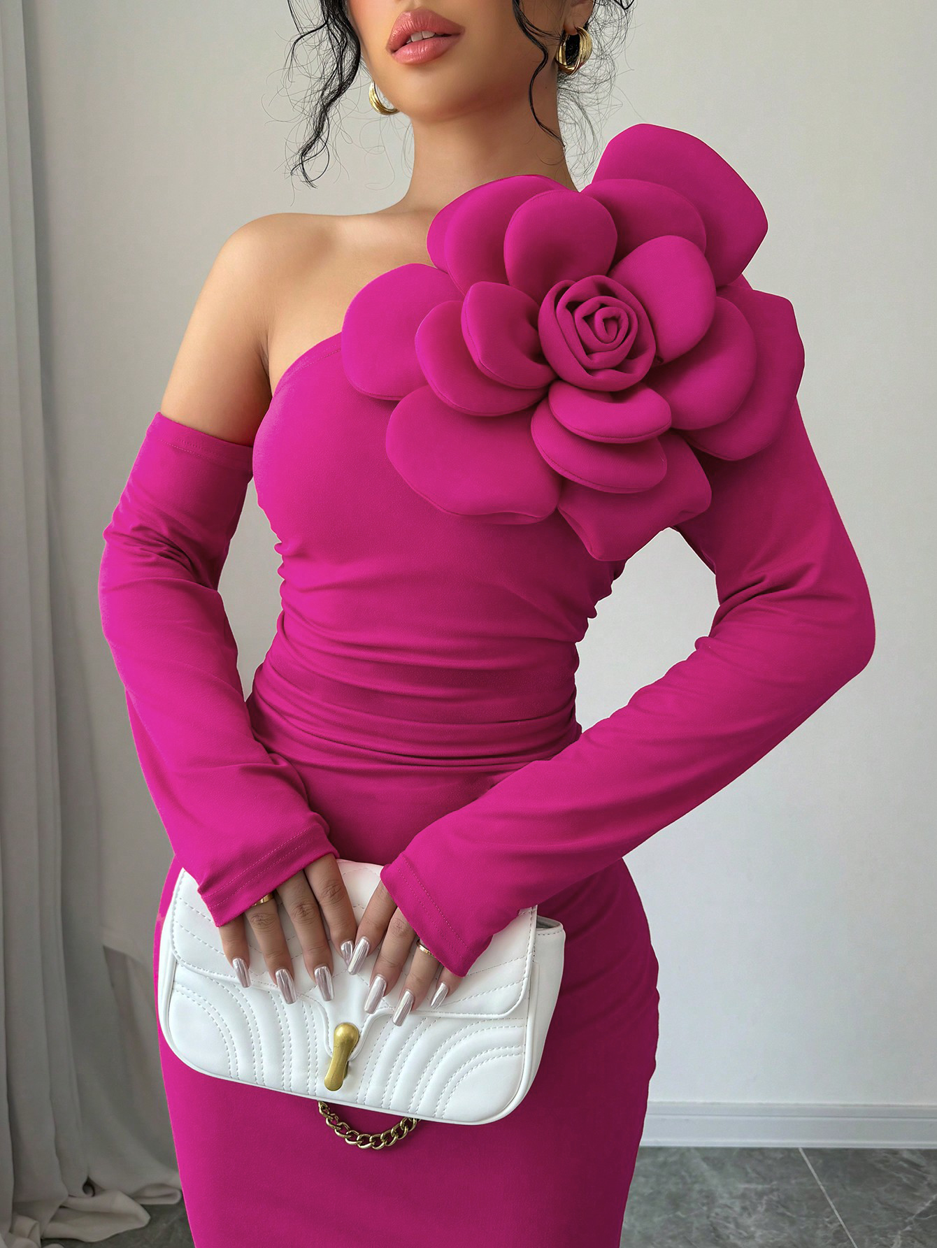 Women's Fuchsia One-Shoulder Long Sleeve Maxi Dress with Floral Applique