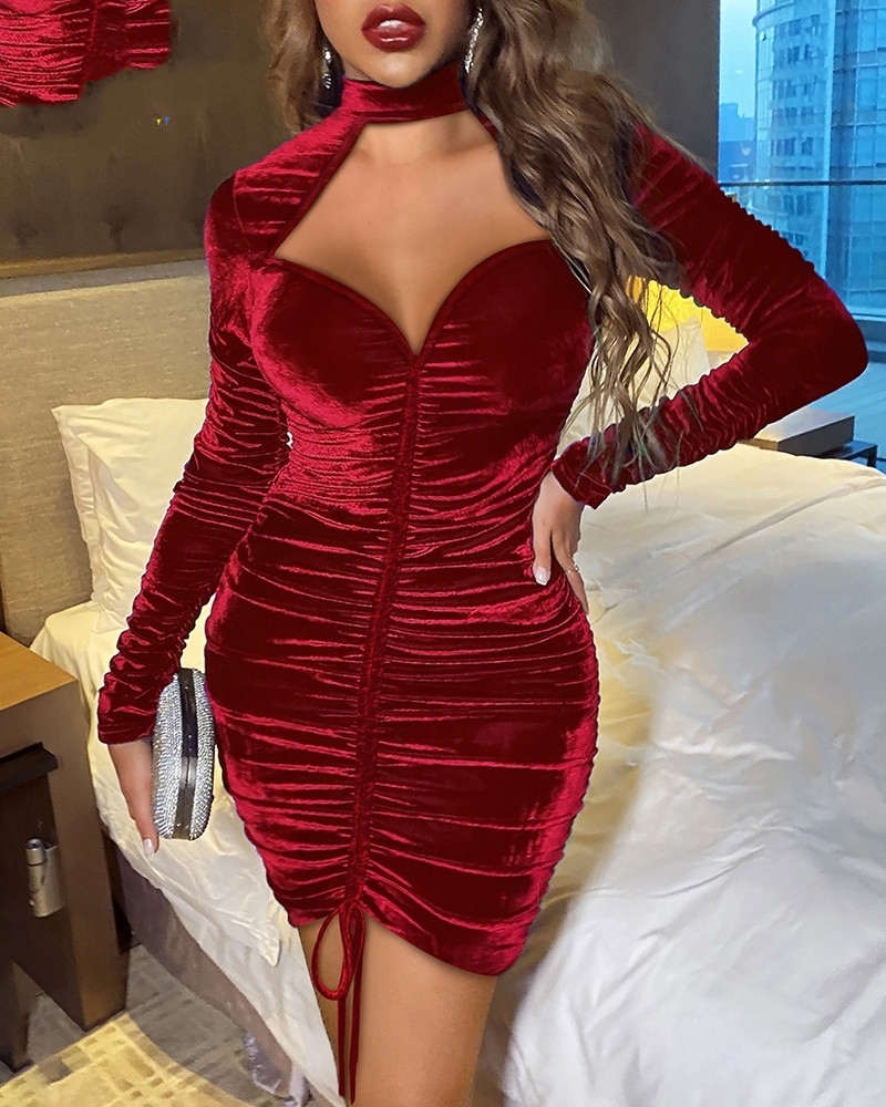 Woman's Burgundy Velvet High Neck Cutout Deep V Ruched Mini Dress
