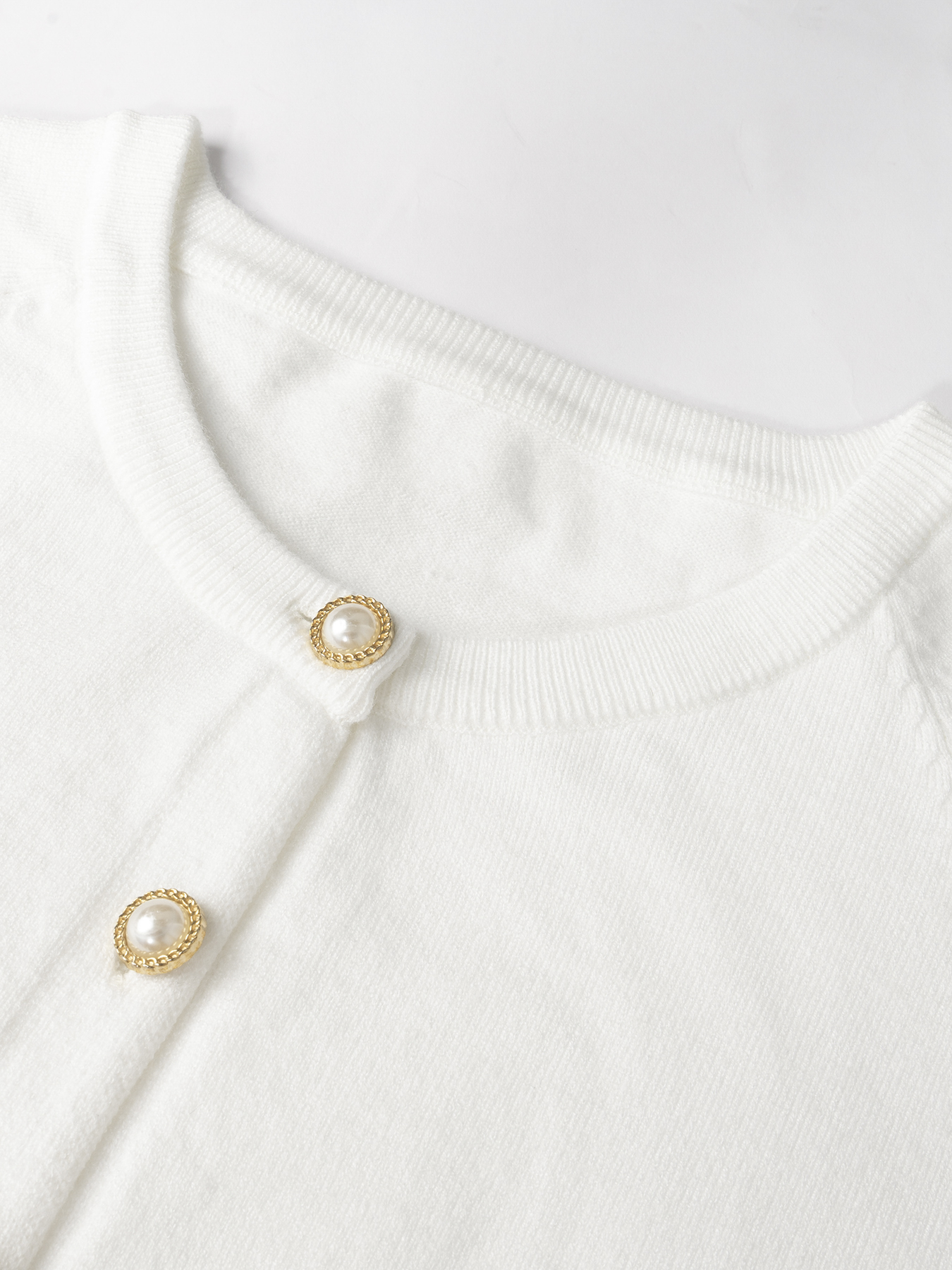 Women's White Knitted Cardigan with Gold Buttons, Ruffled Hem & Cuffs