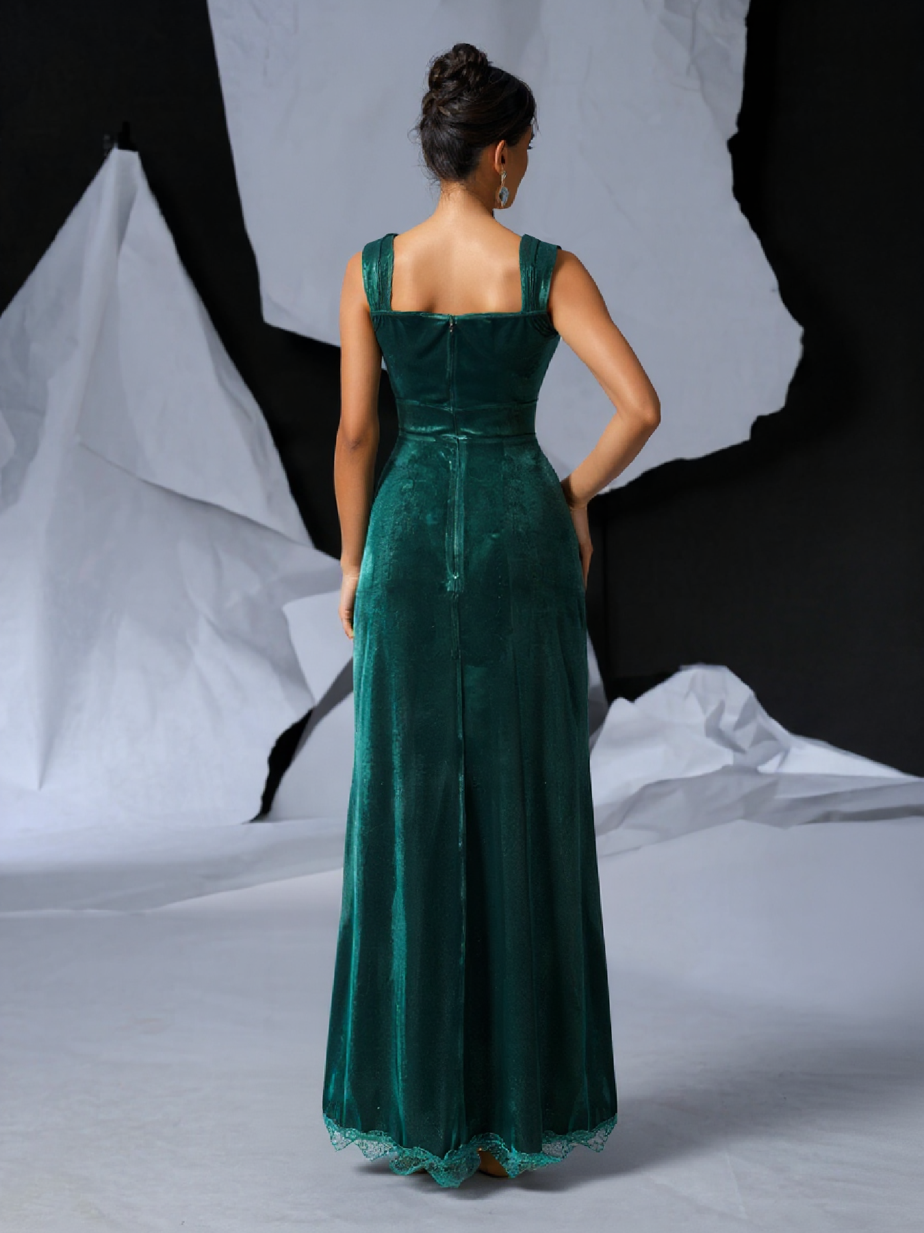 Woman's Dark Green Velvet Square Neck Bow Belt Lace Slit Maxi Dress