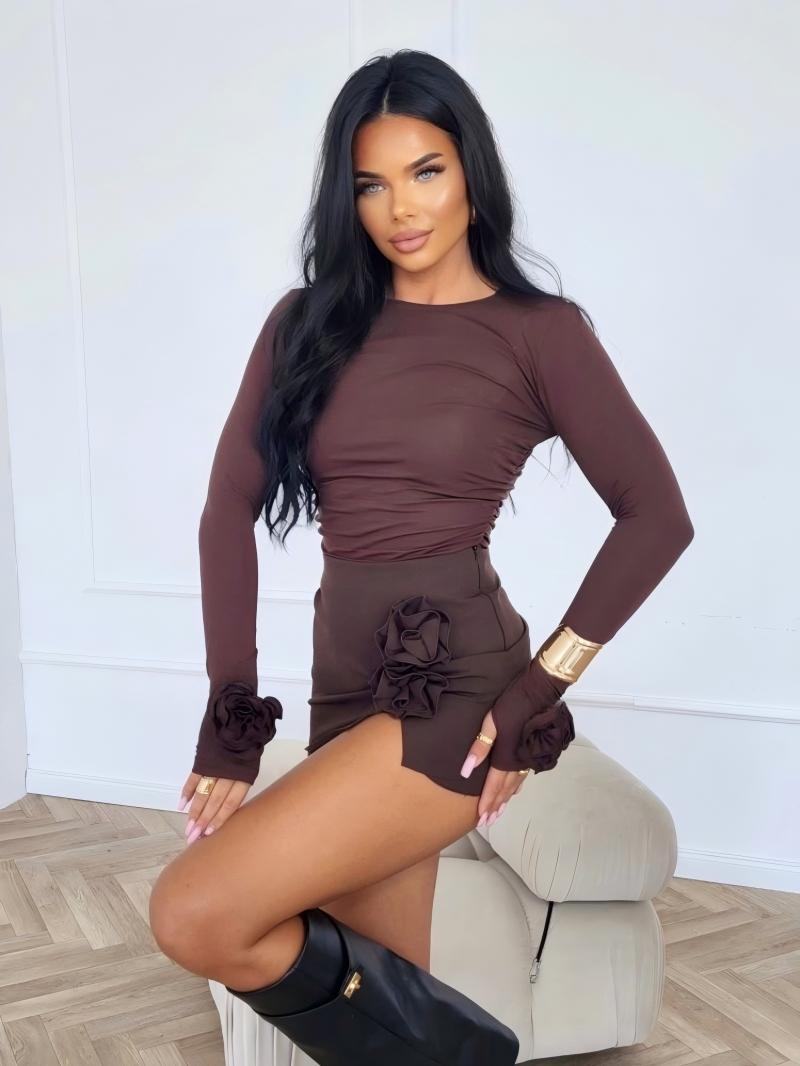 Woman's Long Sleeve Crew Neck Fitted Top with 3D Floral Cuff Detail