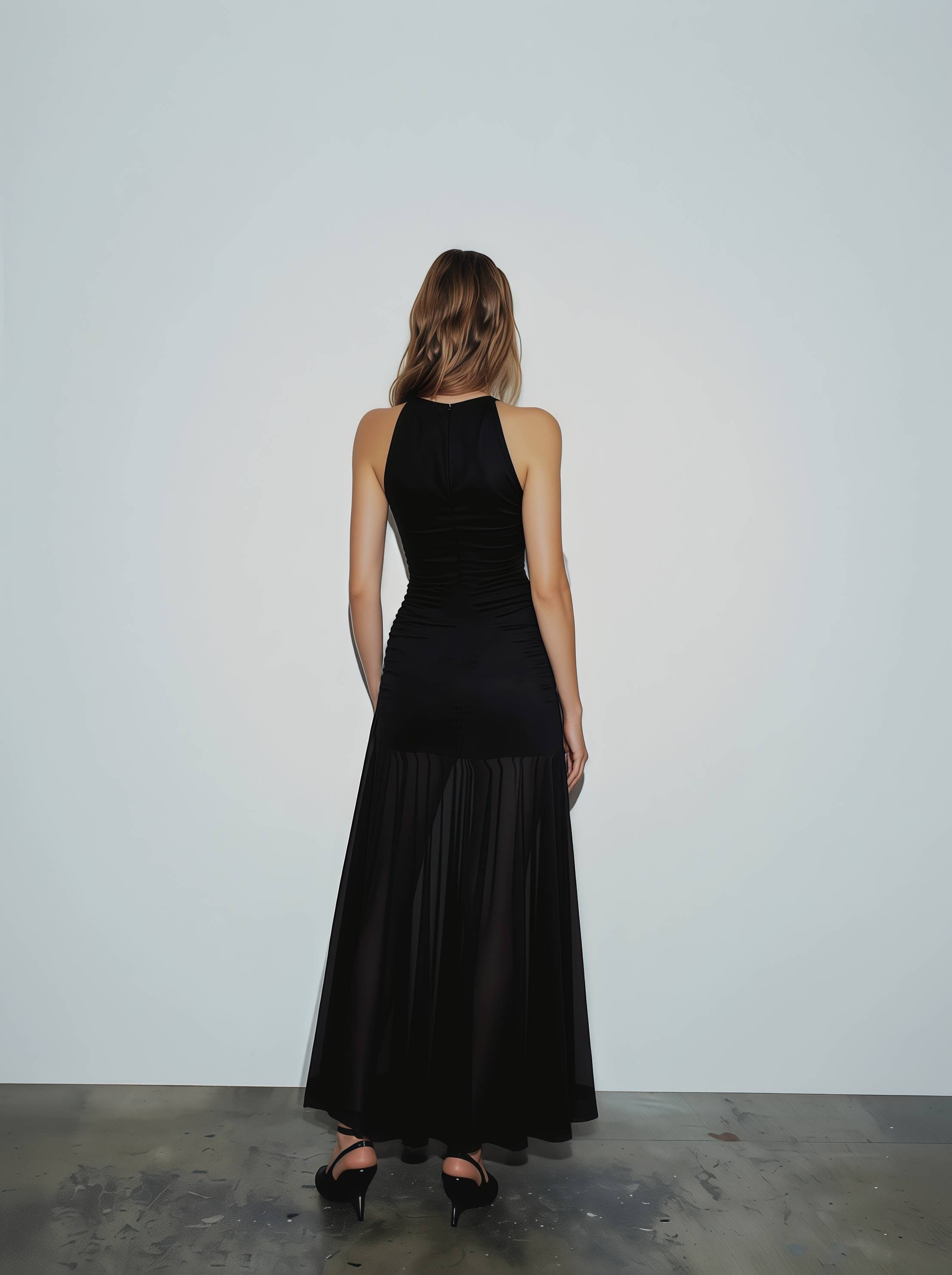 2026 Spring Summer Elegant Black Evening Gown - Sheer Mesh Panels & Gathered Halter Neck Maxi Dress