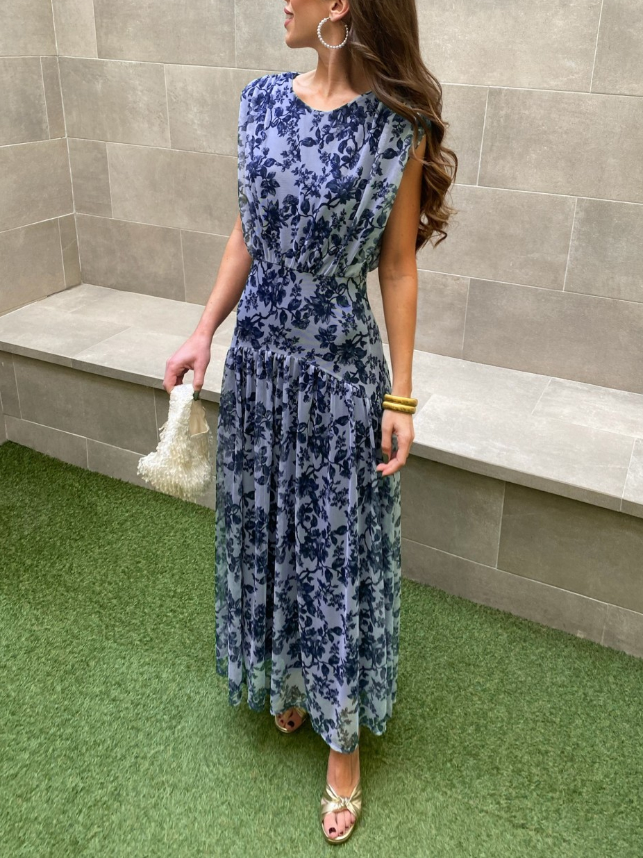 Floral Print Mesh Sleeveless Maxi Dress