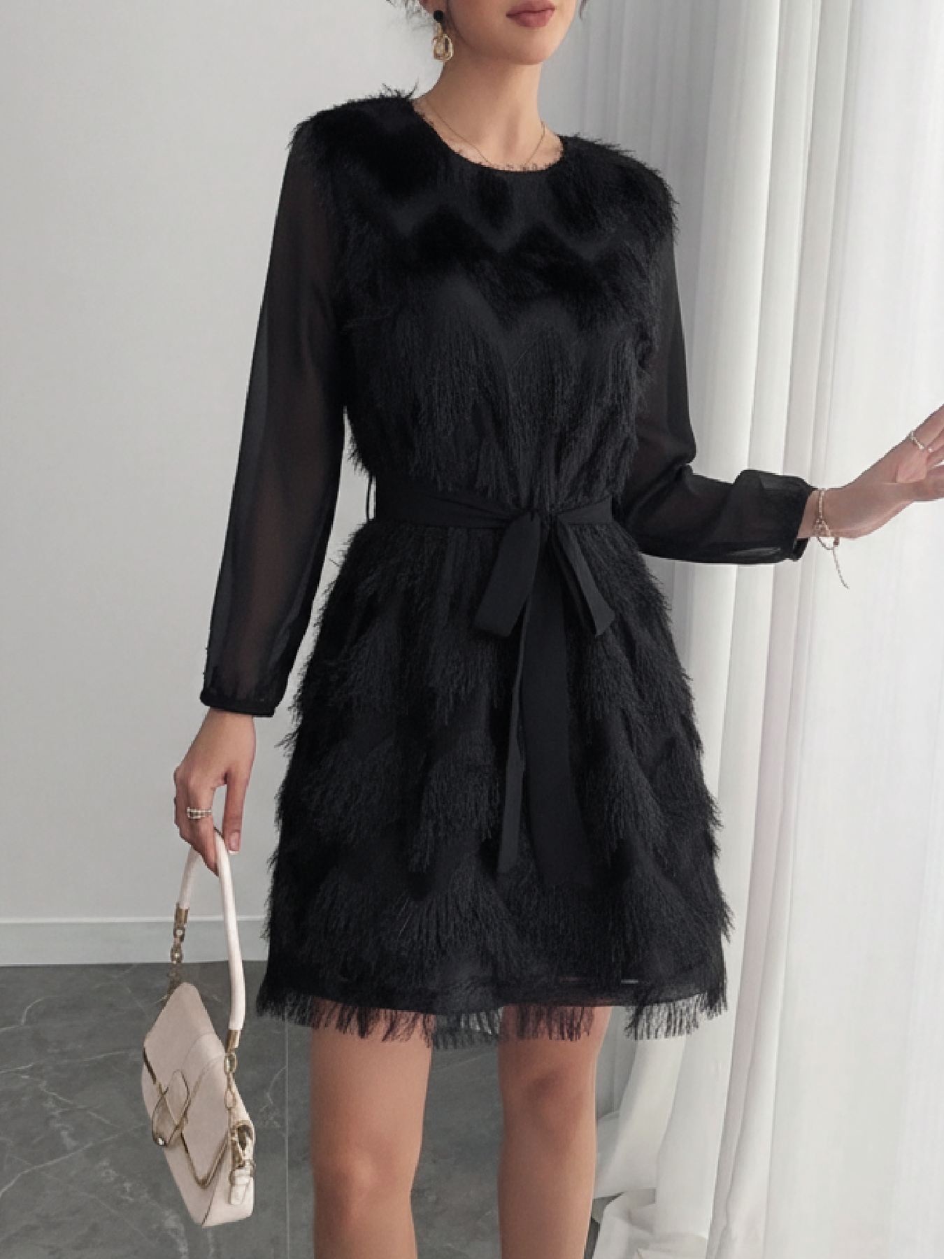 Woman's Round Neck Sheer Long Sleeve Feather Fringe Mini Dress