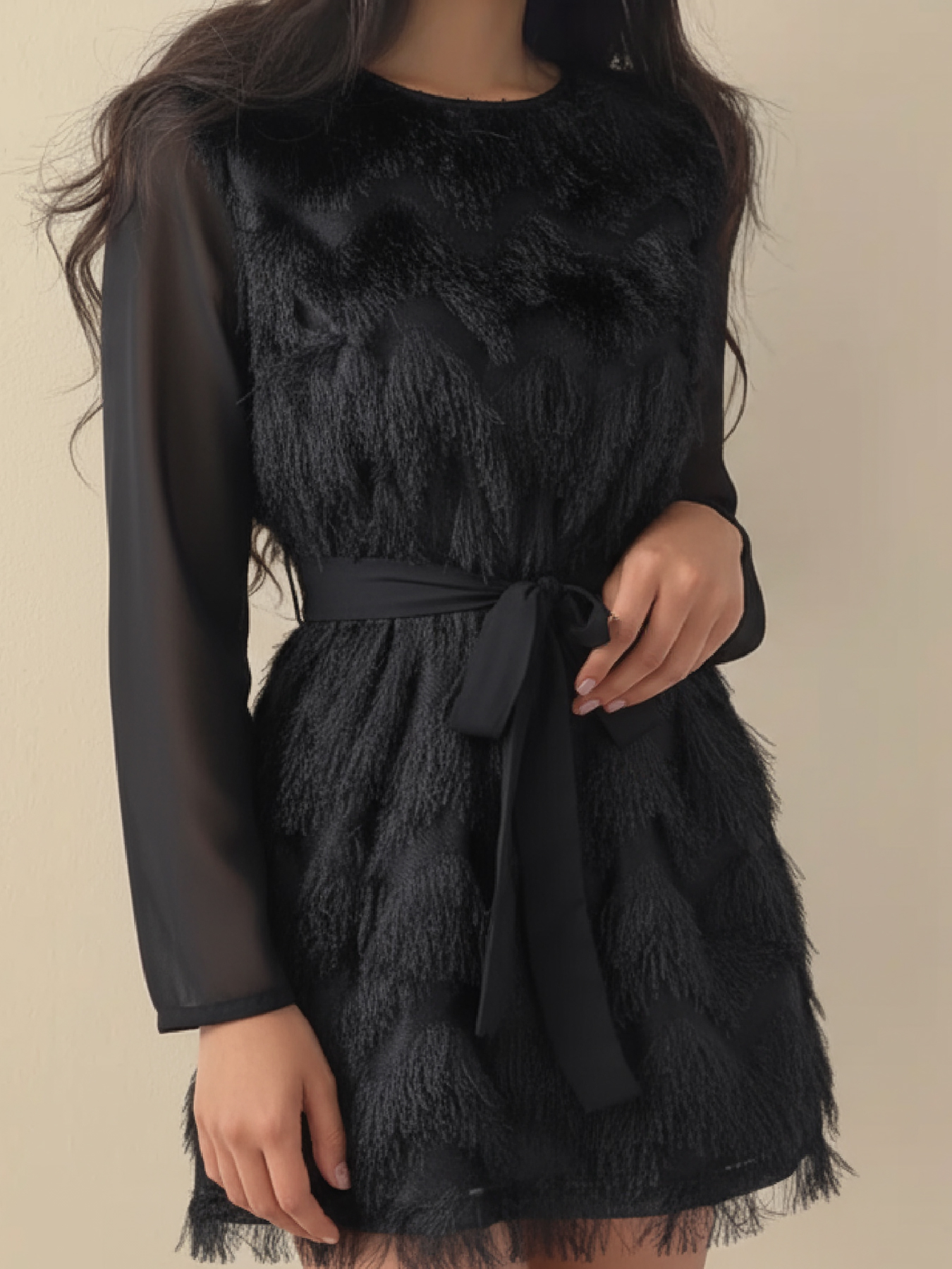 Woman's Round Neck Sheer Long Sleeve Feather Fringe Mini Dress