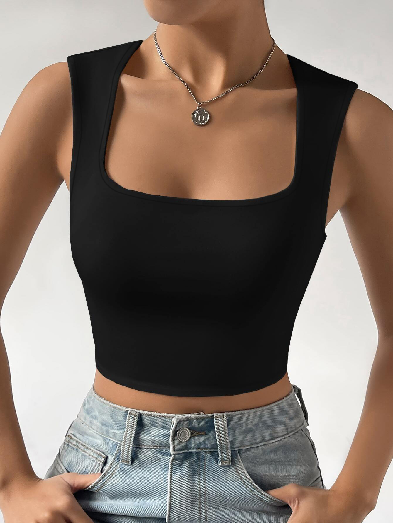 Women's Black Square Neck Cropped Tank Top