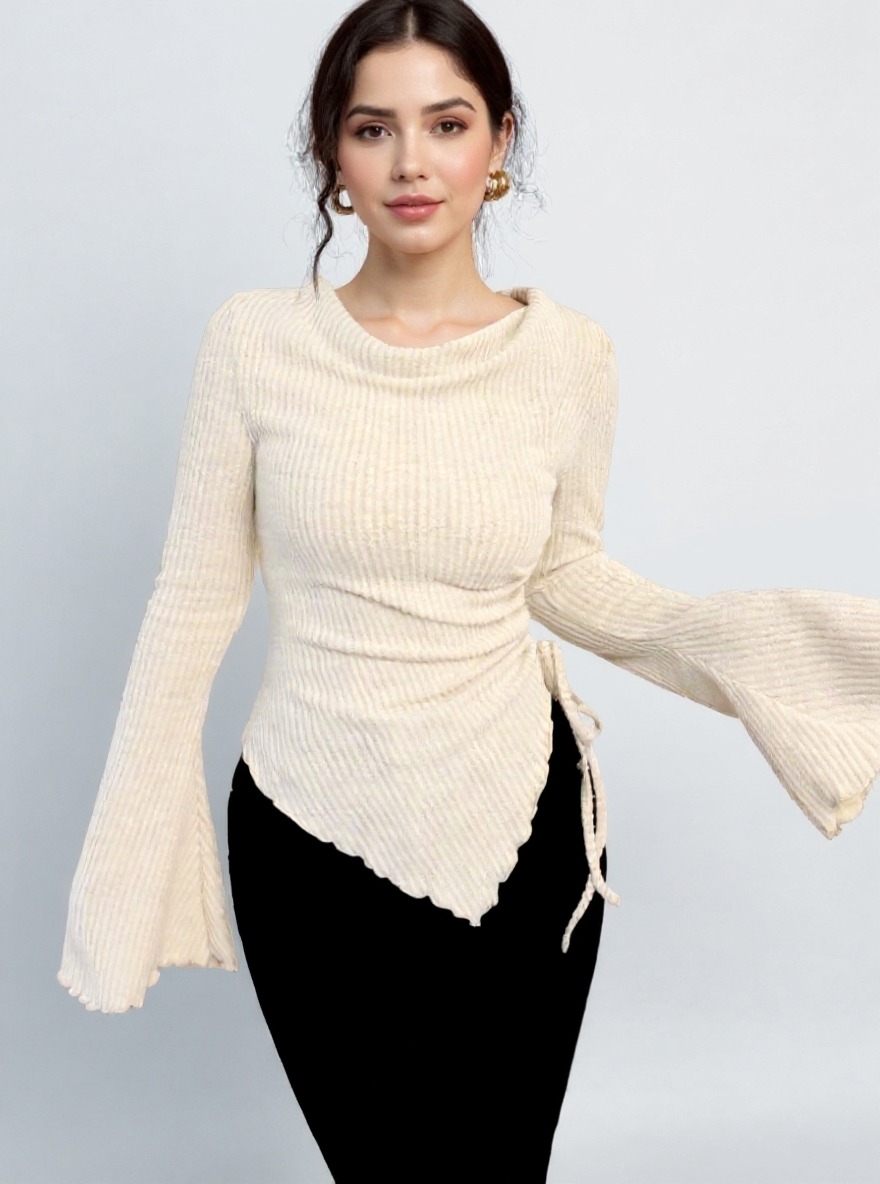 Y2K Cream Ribbed Cowl Neck Side Tie Asymmetrical Hem Top