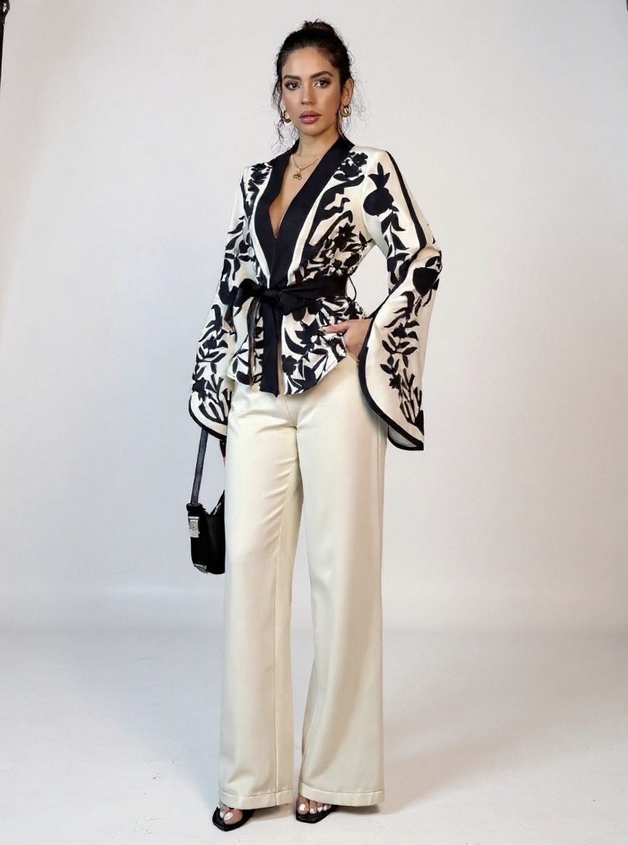 Women's Black and White Floral Print Belted Kimono-Style Blouse