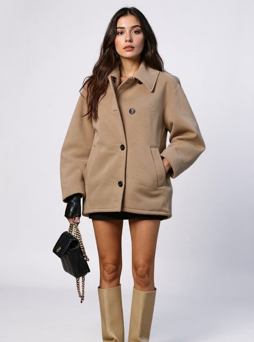 Women's Beige Oversized Single-Breasted Lapel Coat