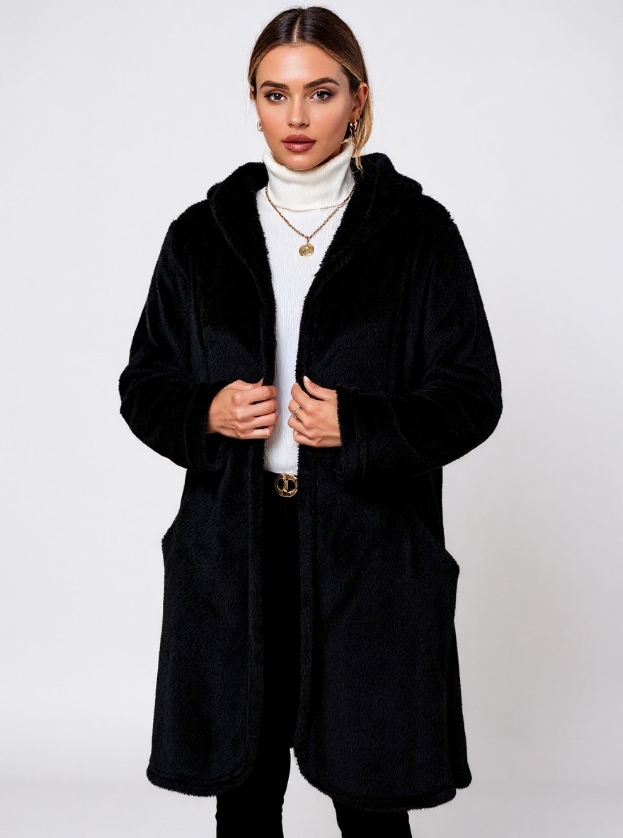 Women's Black Fuzzy Hooded Open-Front Long Coat