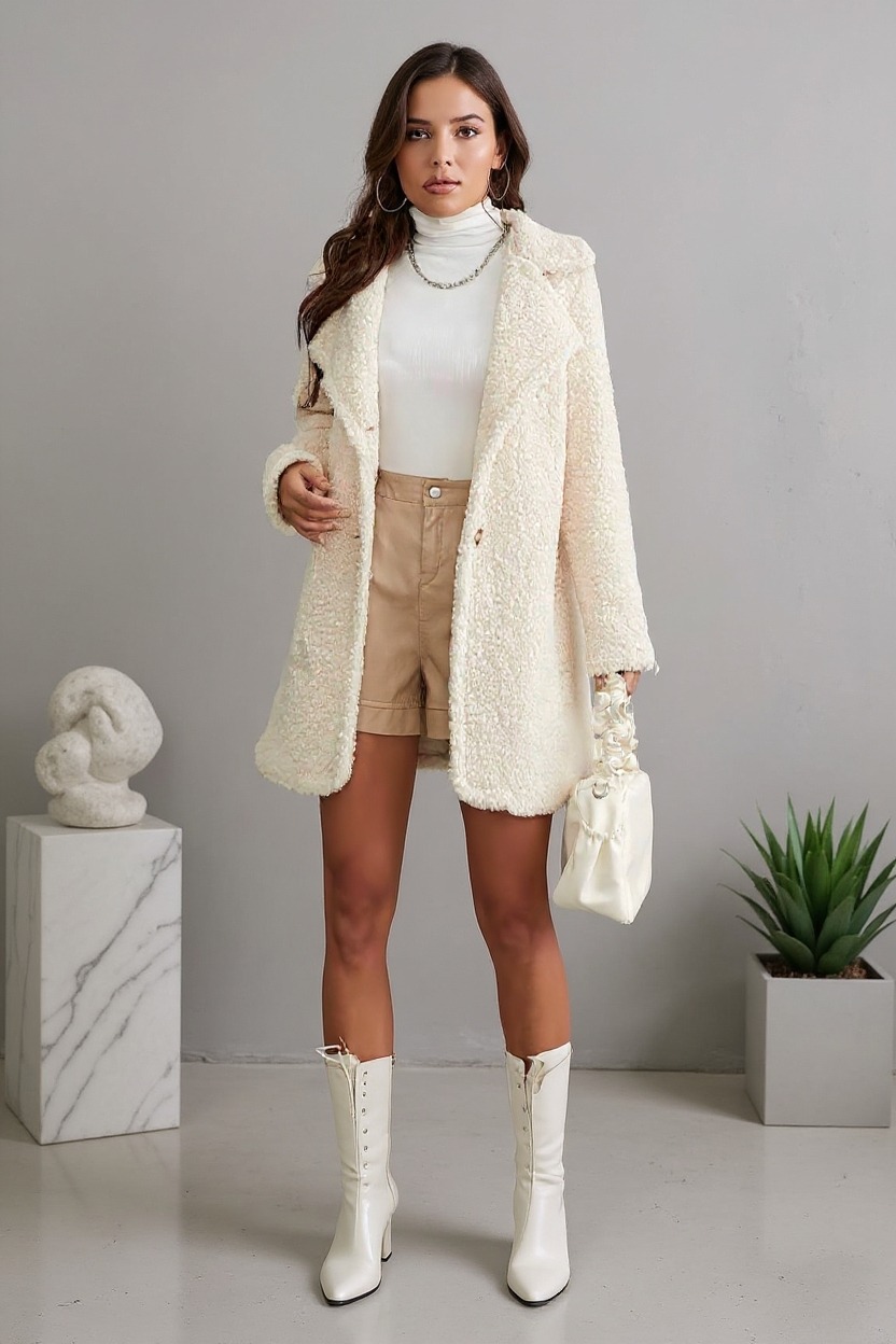 Women's Cream Teddy Fleece Lapel Long Coat