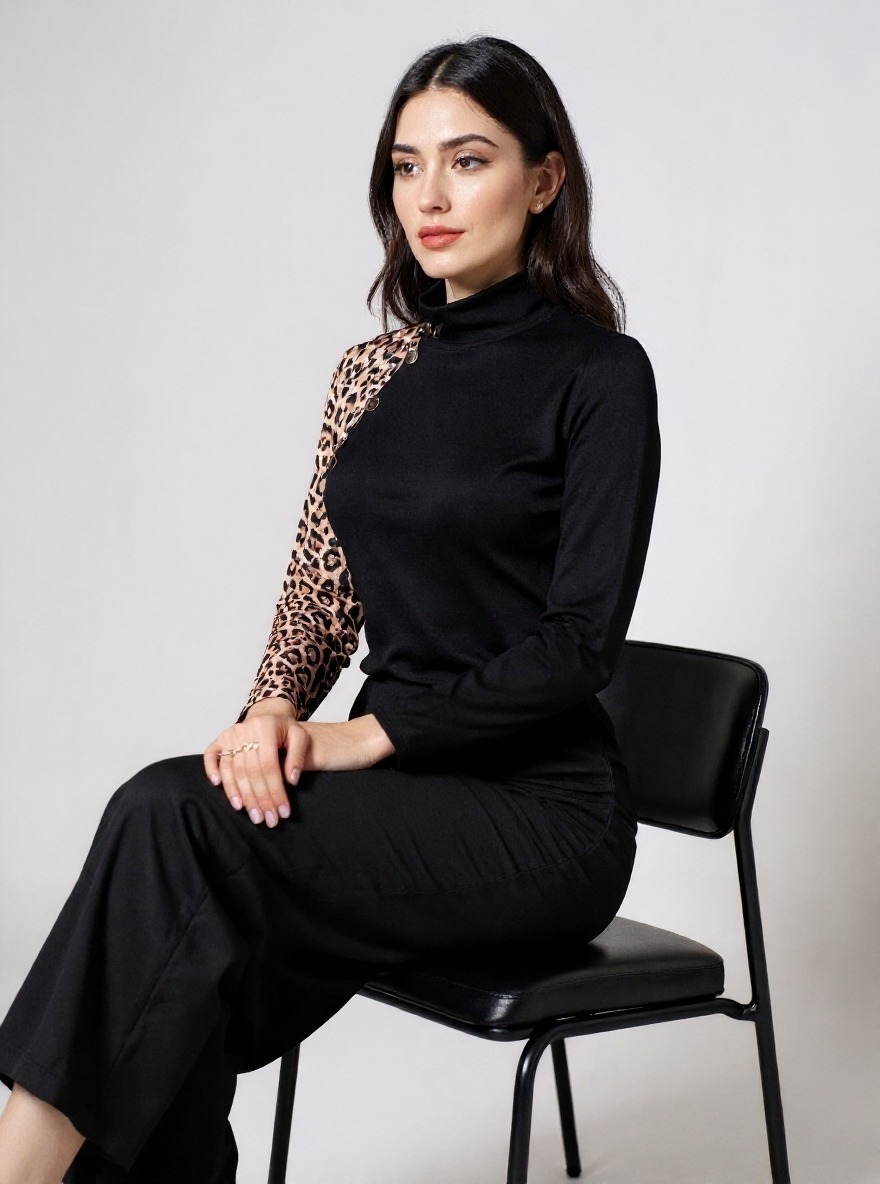 Women's Black Turtleneck Top with Leopard Print Panel and Button Detail