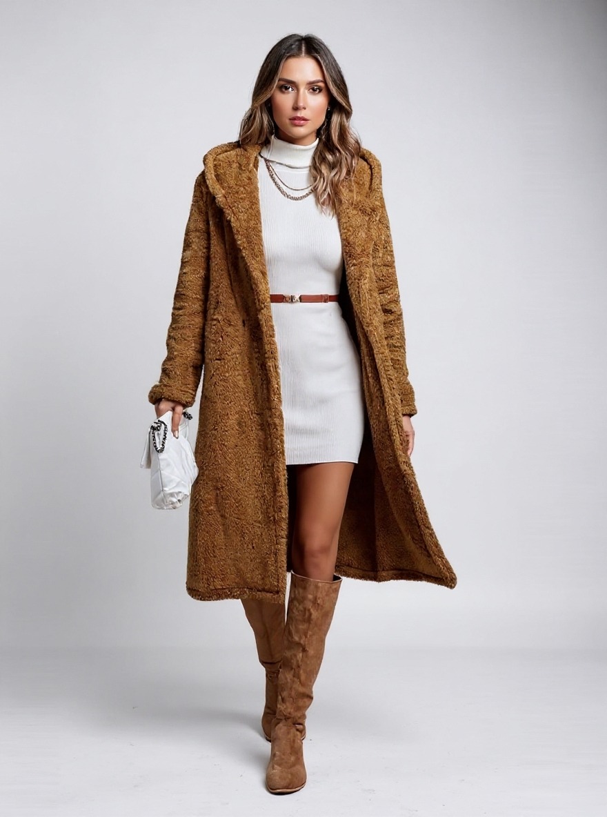 Women's Brown Teddy Fleece Hooded Long Coat