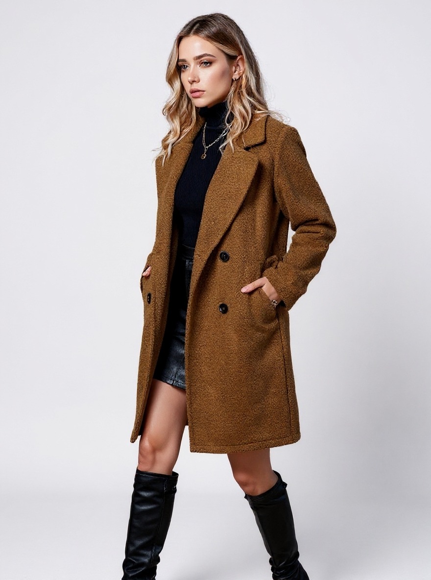 Women's Brown Teddy Double-Breasted Lapel Coat