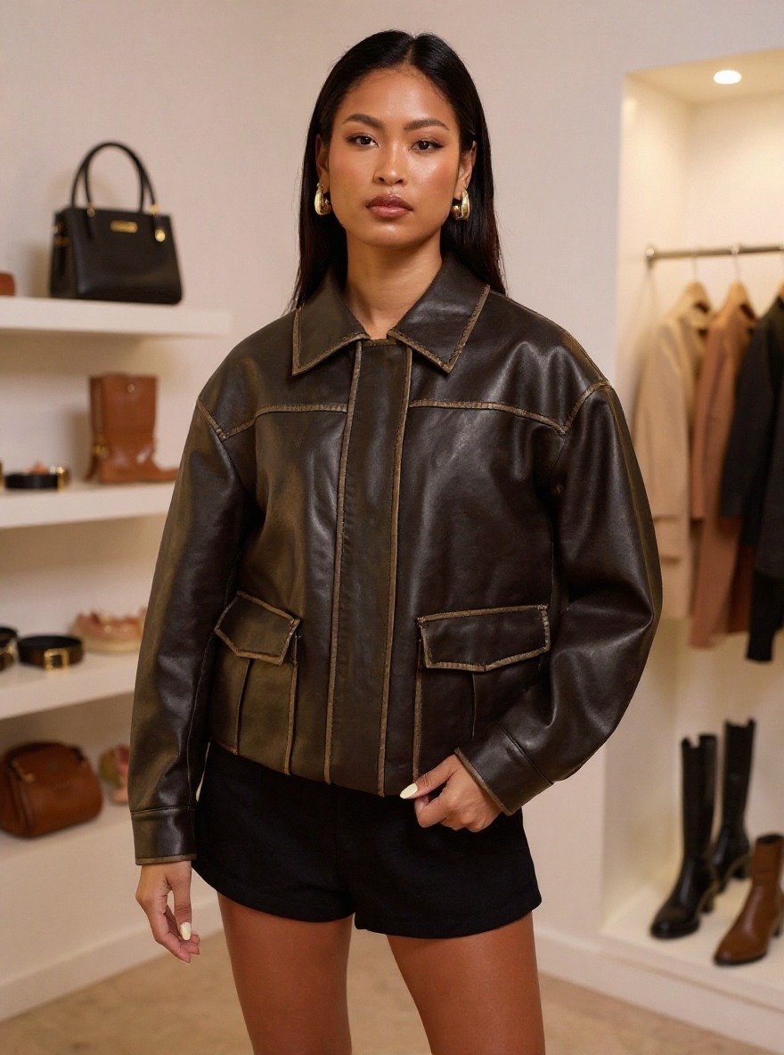 Woman's Vintage Workwear-Style Leather Classic Collar Contrast-Stitch Cropped Jacket